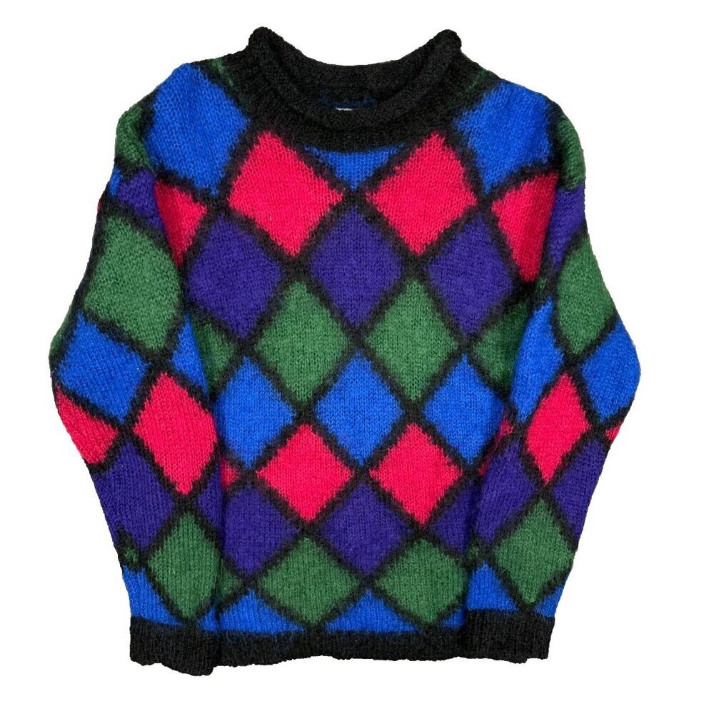 Vintage Eaton Mohair Sweater Fuzzy Knit Diamond Colorful Pullover Large